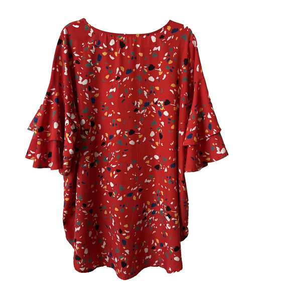 Women’s Plus Size XXL Boho Confetti Red Short Bell Sleeve Tunic Blouse Party - Picture 2 of 8